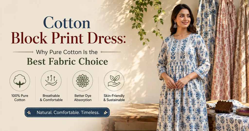 Cotton block print dress showcasing the comfort, breathability, and natural appeal of pure cotton fabric