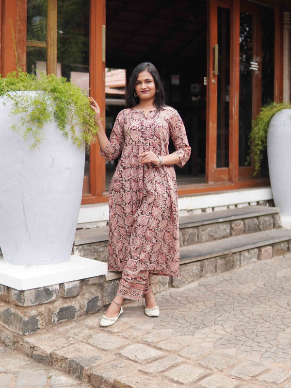 Kalamkari Soft Mul Cotton Leaf Cord Set - Brown