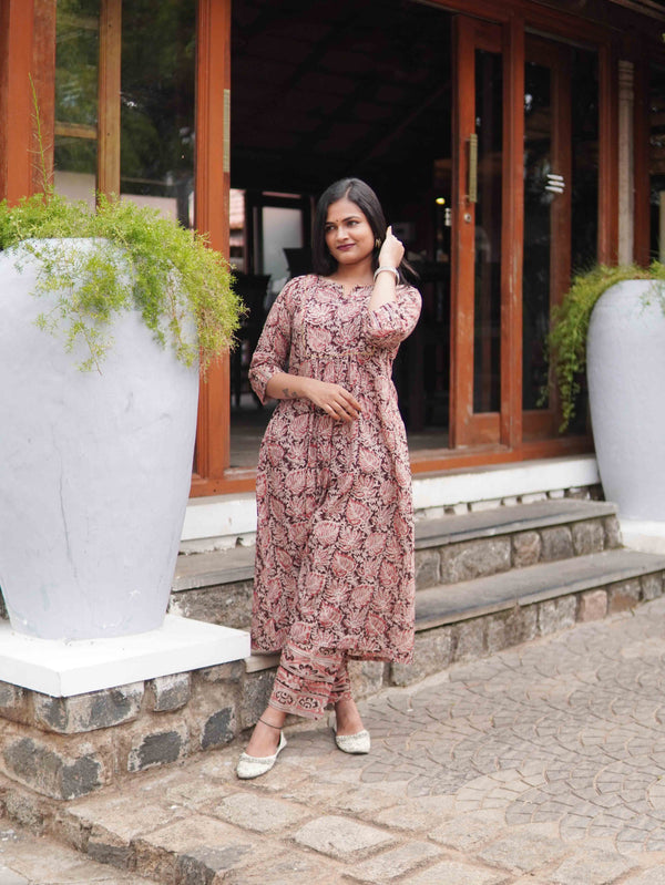 Kalamkari Soft Mul Cotton Leaf Cord Set - Brown