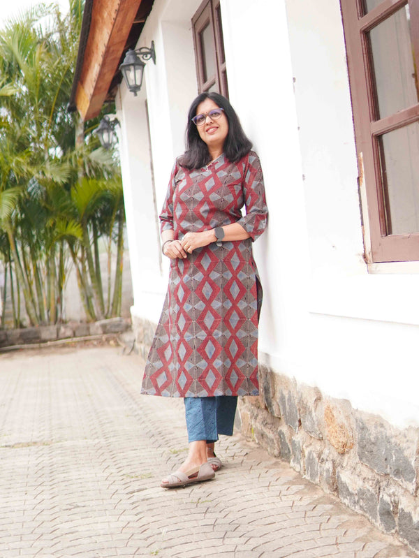 Ajrakh Block Print Pure Cotton Kurta - Red and Blue Geo