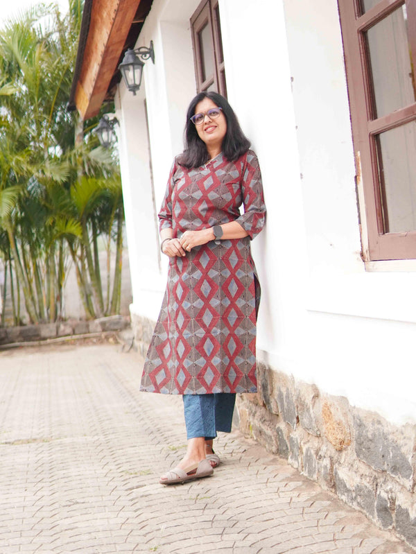 Ajrakh Block Print Pure Cotton Kurta ( One Piece ) - Red and Blue Geo