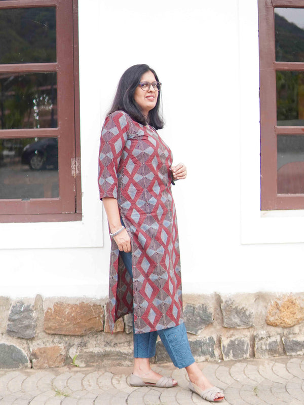 Ajrakh Block Print Pure Cotton Kurta ( One Piece ) - Red and Blue Geo