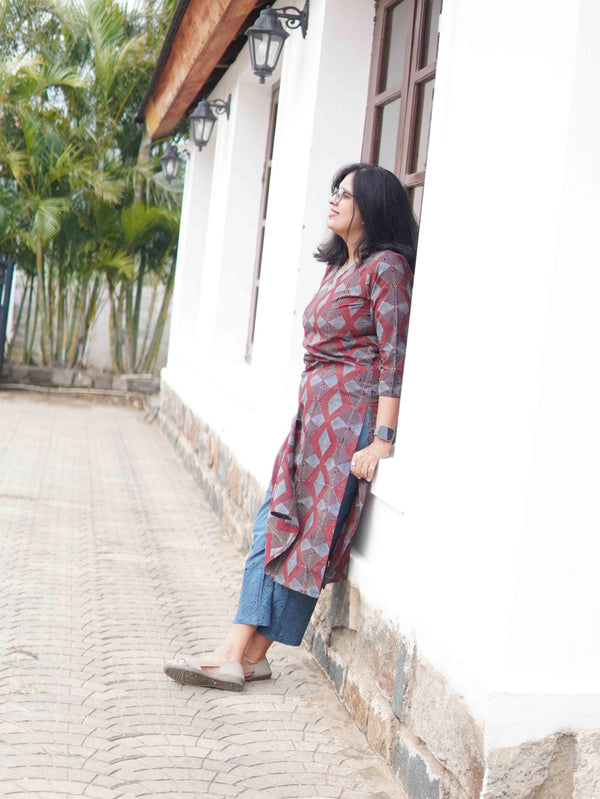 Ajrakh Block Print Pure Cotton Kurta ( One Piece ) - Red and Blue Geo