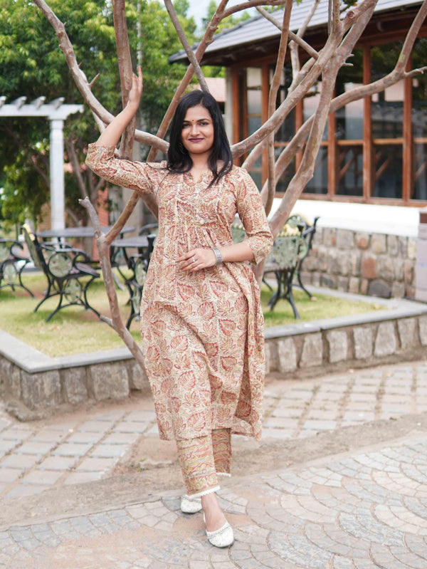 Kalamkari Soft Mul Cotton Leaf Cord Set - Beige