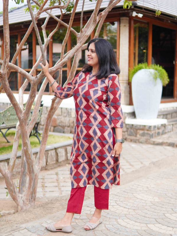 Ajrakh Block Print Pure Cotton Kurta - Red & Peach Geo