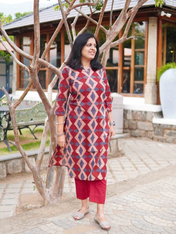 Ajrakh Block Print Pure Cotton Kurta - Red & Peach Geo