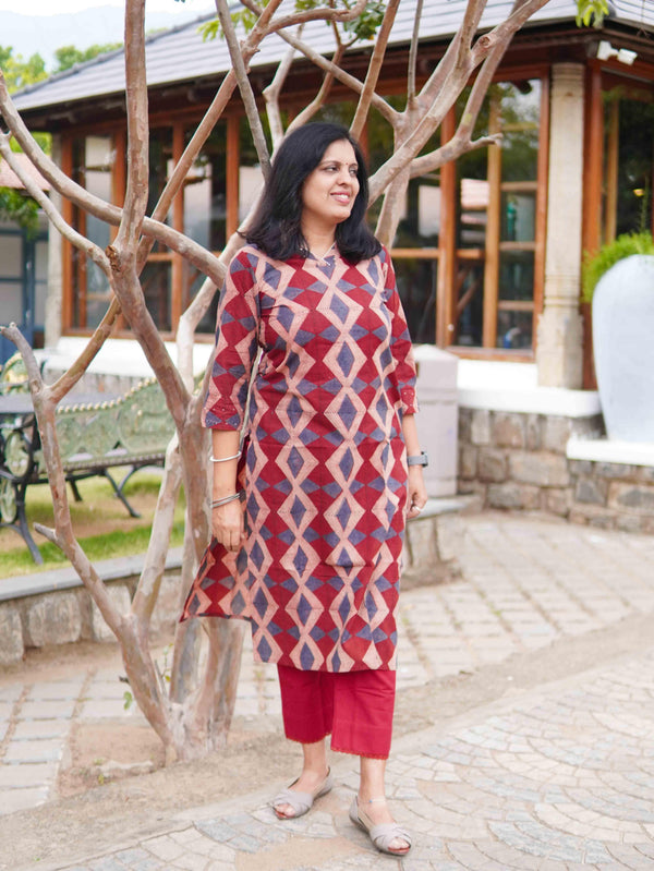 Ajrakh Block Print Pure Cotton Kurta ( One Piece ) - Red & Peach Geo