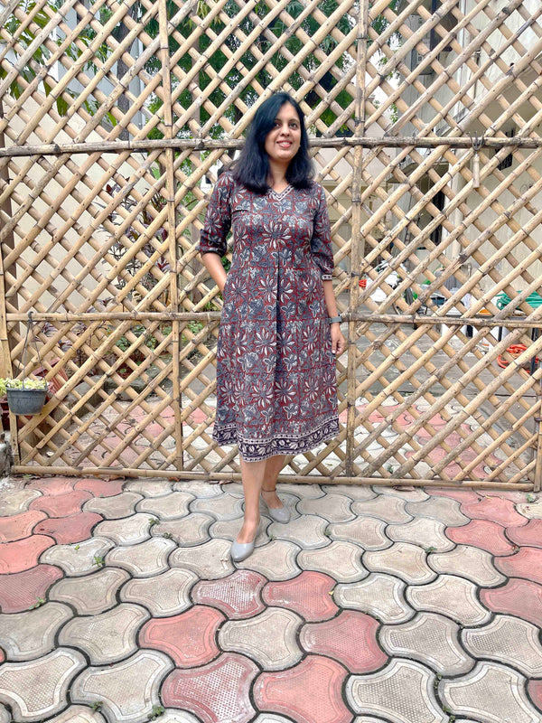 Dabu Block Print Cotton Dress - Kashish Grey Red