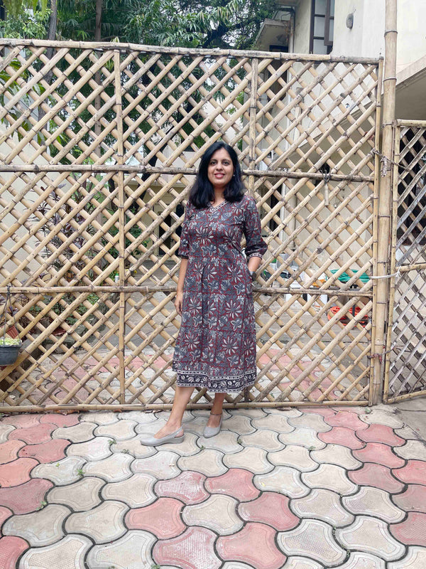 Dabu Block Print Cotton Dress - Kashish Grey Red