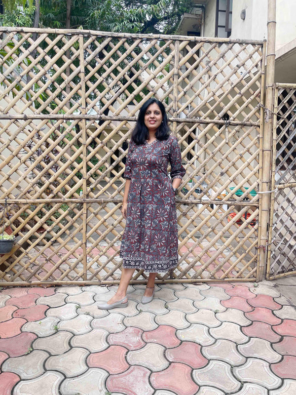 Dabu Block Print Cotton Dress - Kashish Grey Red