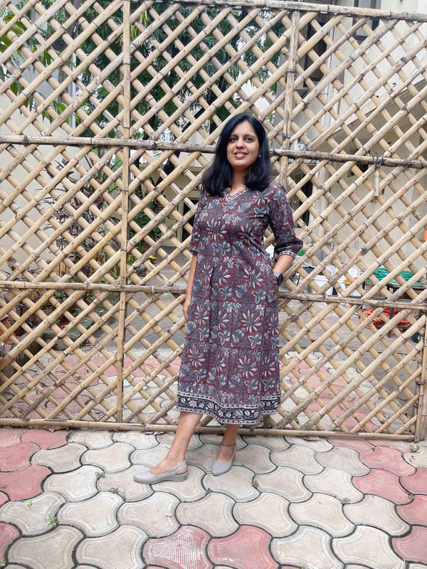 Dabu Block Print Cotton Dress - Kashish Grey Red