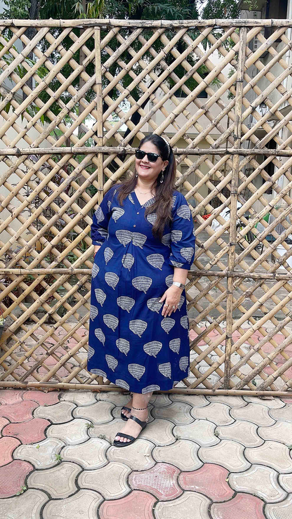 Dabu Block Print Cotton Dress - Navy Blue
