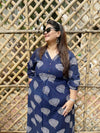 Dabu Block Print Cotton Dress - Navy Blue