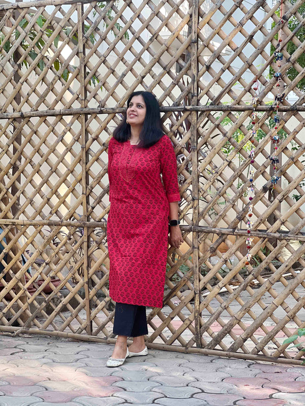 Bagh Block Print Floral Kurta- Red