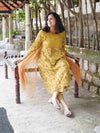Ajrakh Floral Soft Mul Cotton Cord Set - Mustard
