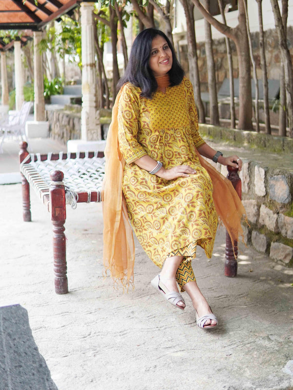 Ajrakh Floral Soft Mul Cotton Cord Set - Mustard