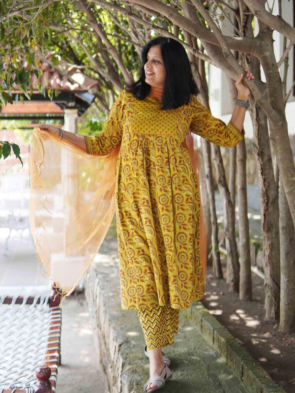 Ajrakh Floral Soft Mul Cotton Cord Set - Mustard