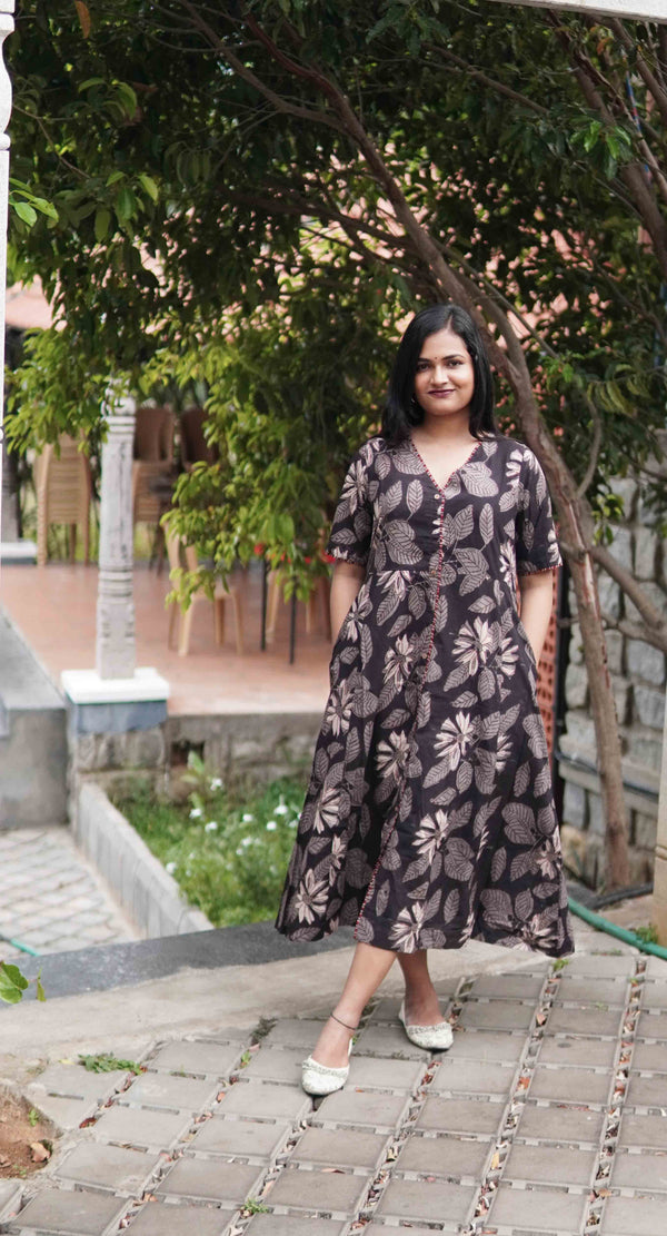 Dabu Block Print Cotton Dress -Black