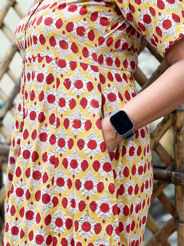 Dabu Block Print Cotton Dress - Mustard