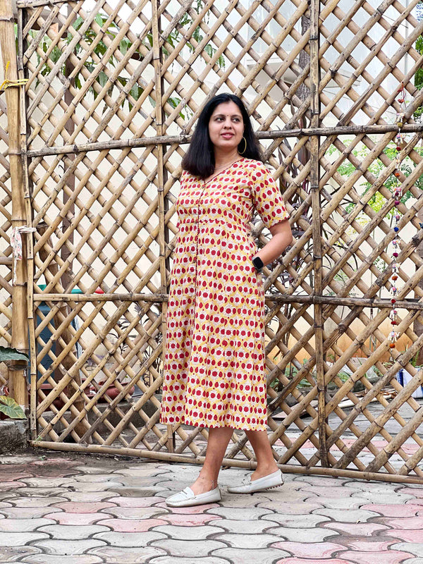 Dabu Block Print Cotton Dress - Mustard
