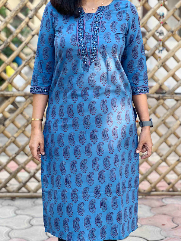 Bagh Block Print Paisley Kurta- Blue