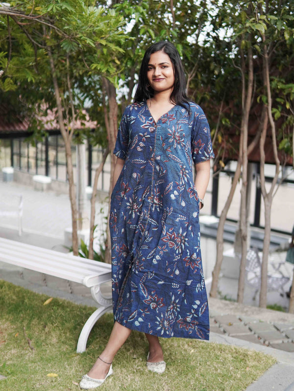 Dabu Block Print Cotton Dress - Indigo