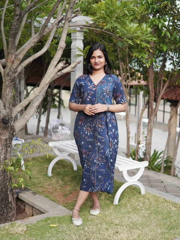 Dabu Block Print Cotton Dress - Indigo
