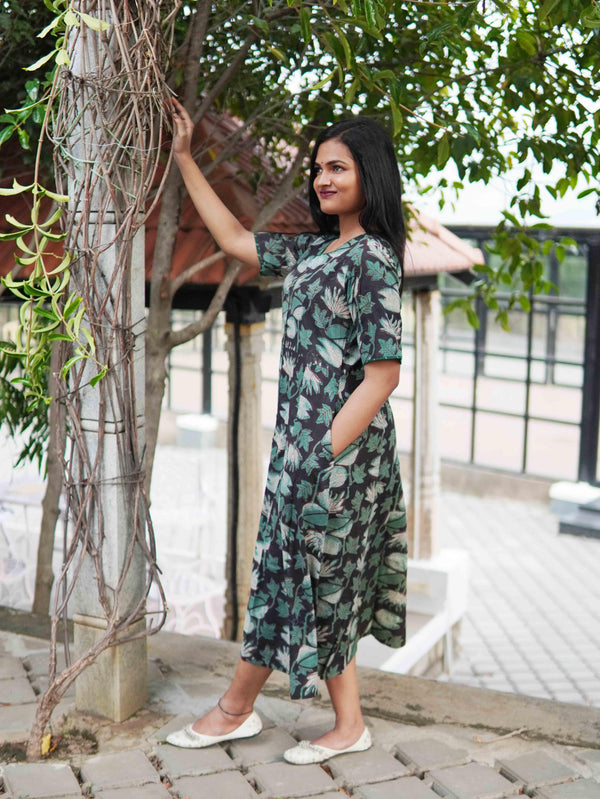 Dabu Block Print Cotton Dress - Green & Black