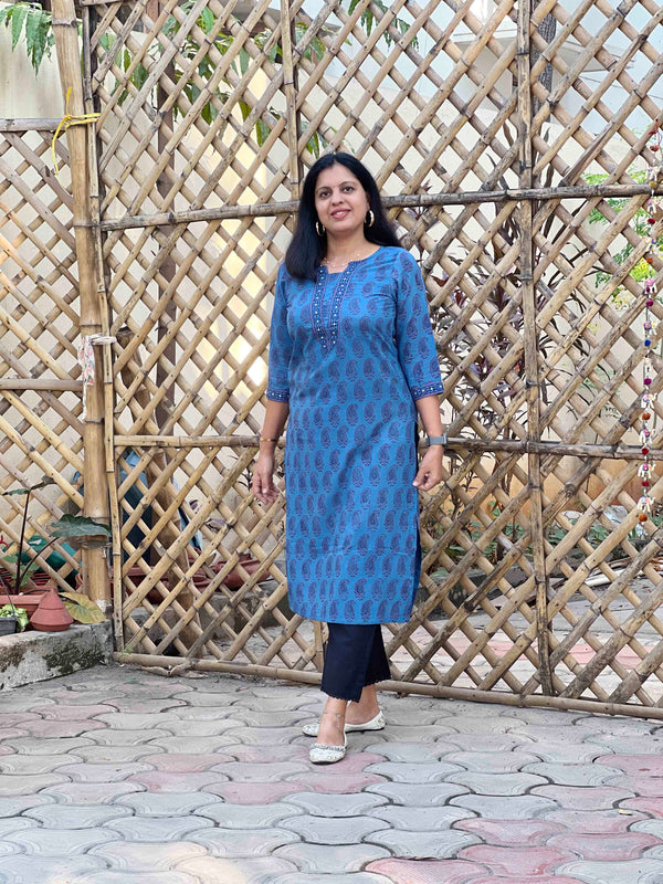 Bagh Block Print Paisley Kurta- Blue