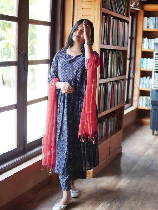 Ajrakh Lotus Soft Mul Cotton Cord Set - Black