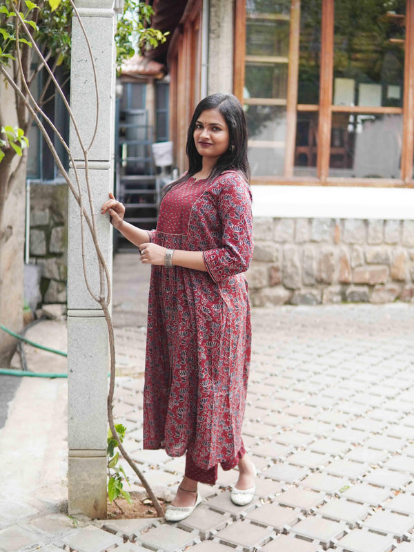 Ajrakh Lotus Soft Mul Cotton Cord Set - Maroon