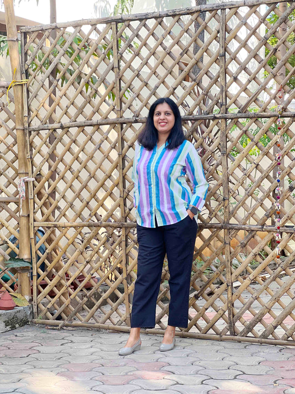 Cotton Stripe Hand Block Print - White Blue