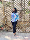 Cotton Stripe Hand Block Print - White Blue