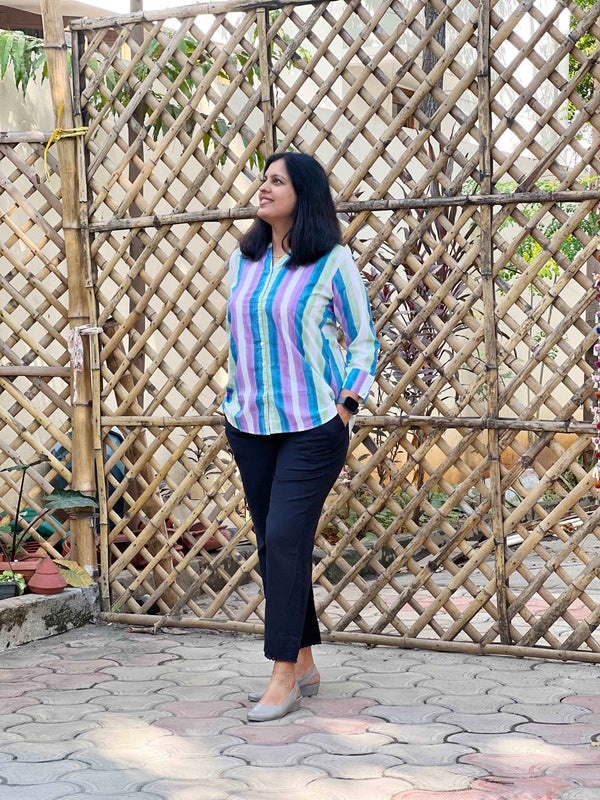 Cotton Stripe Hand Block Print - White Blue