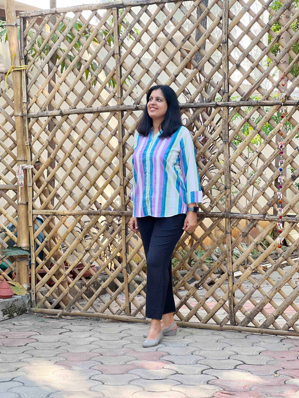 Cotton Stripe Hand Block Print - White Blue