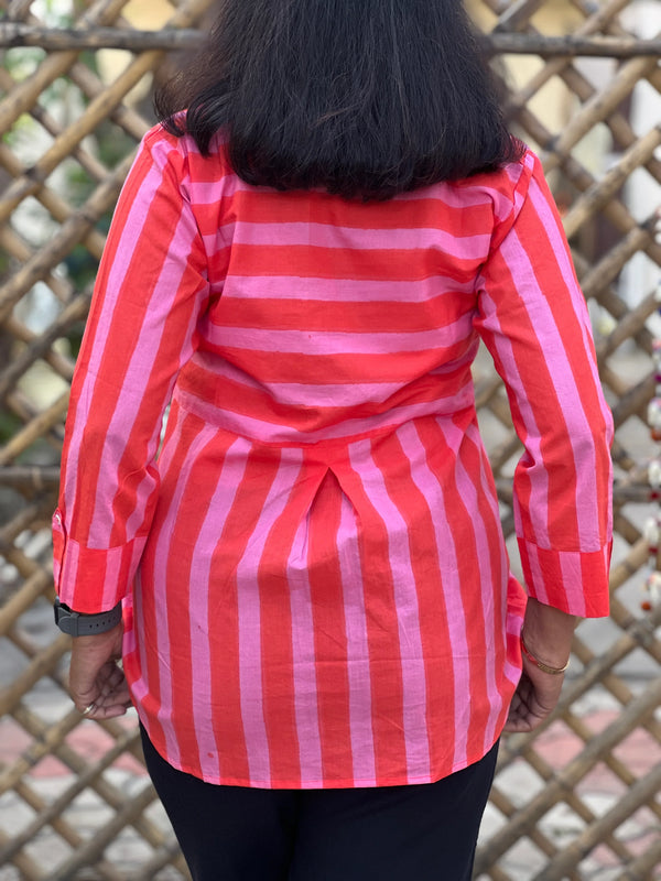 Cotton Stripe Hand Block Print - Red