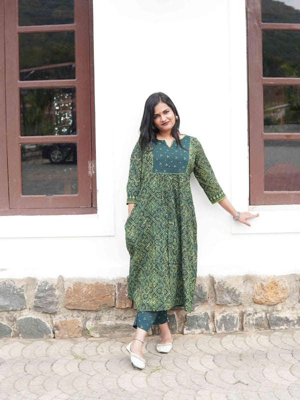 Ajrakh Craft Soft Mul Cotton Cord Set - Green