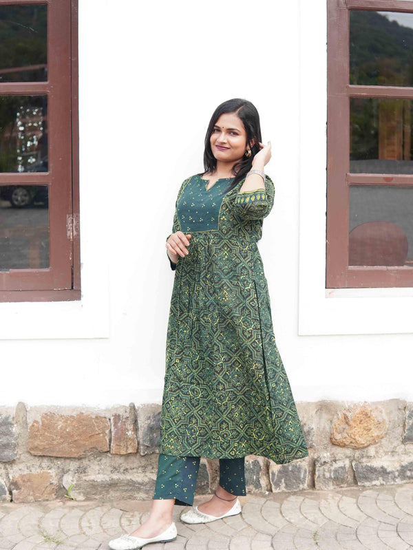 Ajrakh Craft Soft Mul Cotton Cord Set - Green