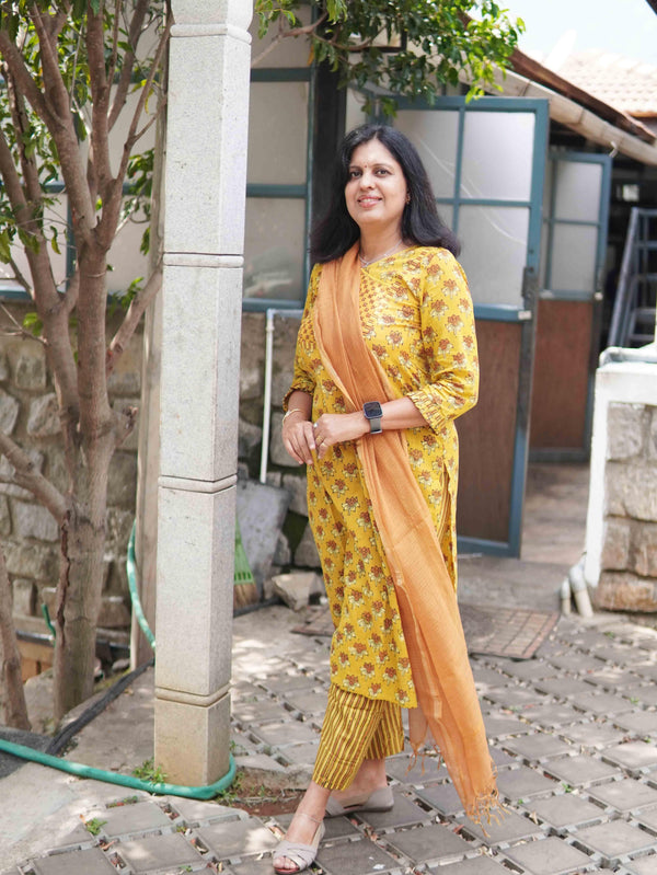 Ajrakh Lotus Soft Mul Cotton Angrakhaa Neck Cord Set - Mustard