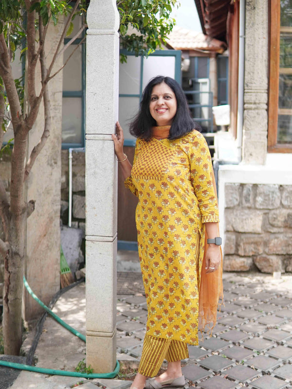 Ajrakh Lotus Soft Mul Cotton Angrakhaa Neck Cord Set - Mustard