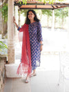 Ajrakh Lotus Soft Mul Cotton Angrakhaa Neck Cord Set - Navy Blue