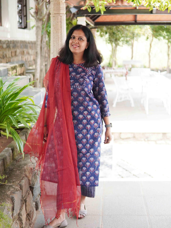 Ajrakh Lotus Soft Mul Cotton Angrakhaa Neck Cord Set - Navy Blue