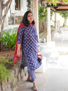 Ajrakh Lotus Soft Mul Cotton Angrakhaa Neck Cord Set - Navy Blue