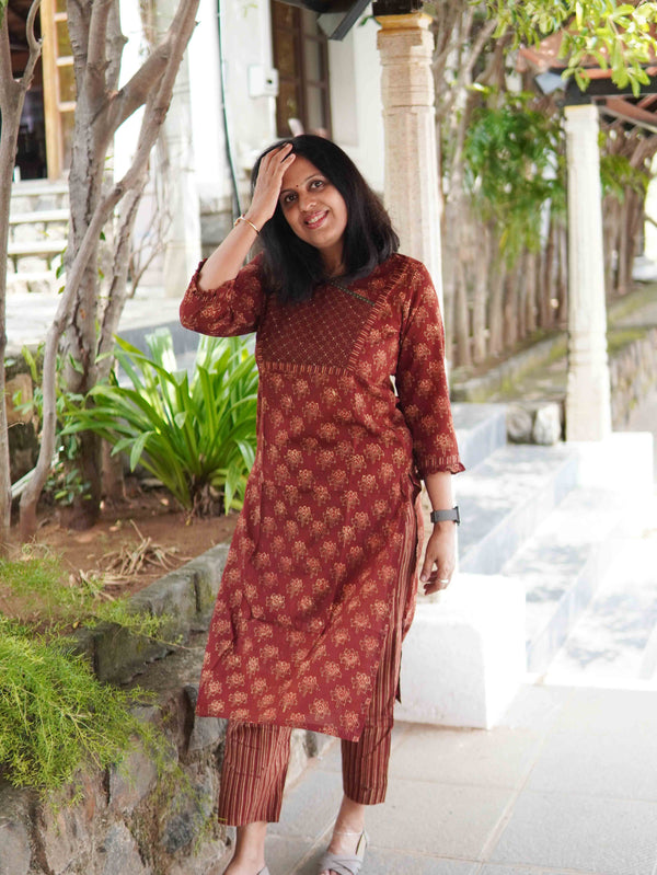 Ajrakh Block Print Pure Cotton Kurta - Rust Geo