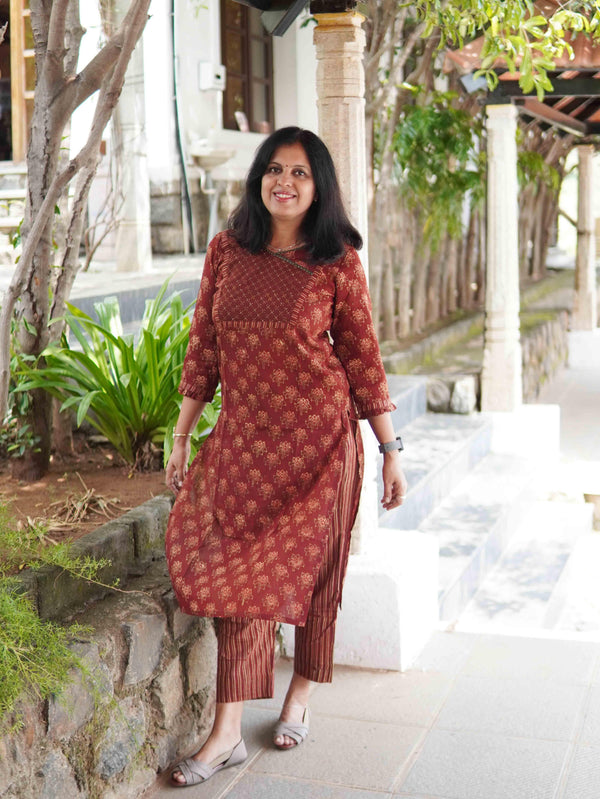 Ajrakh Block Print Pure Cotton Kurta ( One Piece ) - Rust Geo