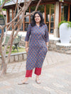 Ajrakh Block Print Small Lotus Cotton Kurta - Indigo