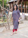 Ajrakh Block Print Small Lotus Cotton Kurta - Indigo