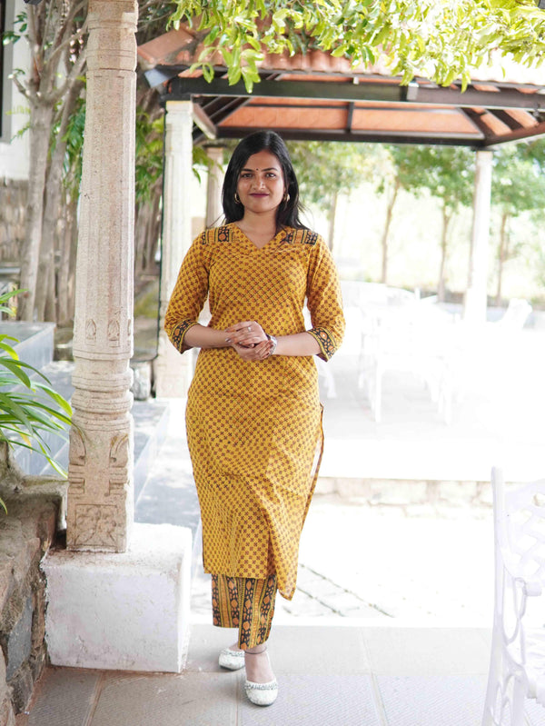 Ajrakh star Soft Mul Cotton Cord Set - Mustard