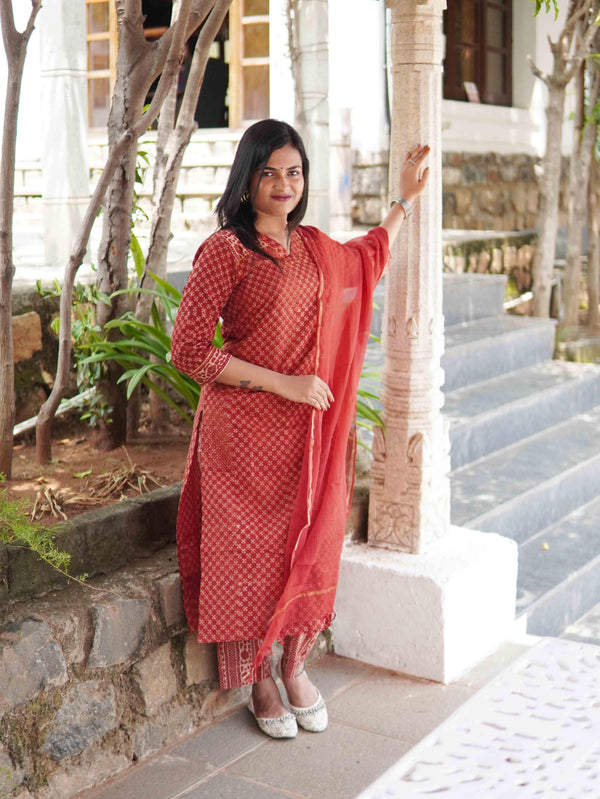 Ajrakh star Soft Mul Cotton Cord Set - Red
