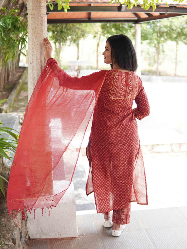 Ajrakh star Soft Mul Cotton Cord Set - Red